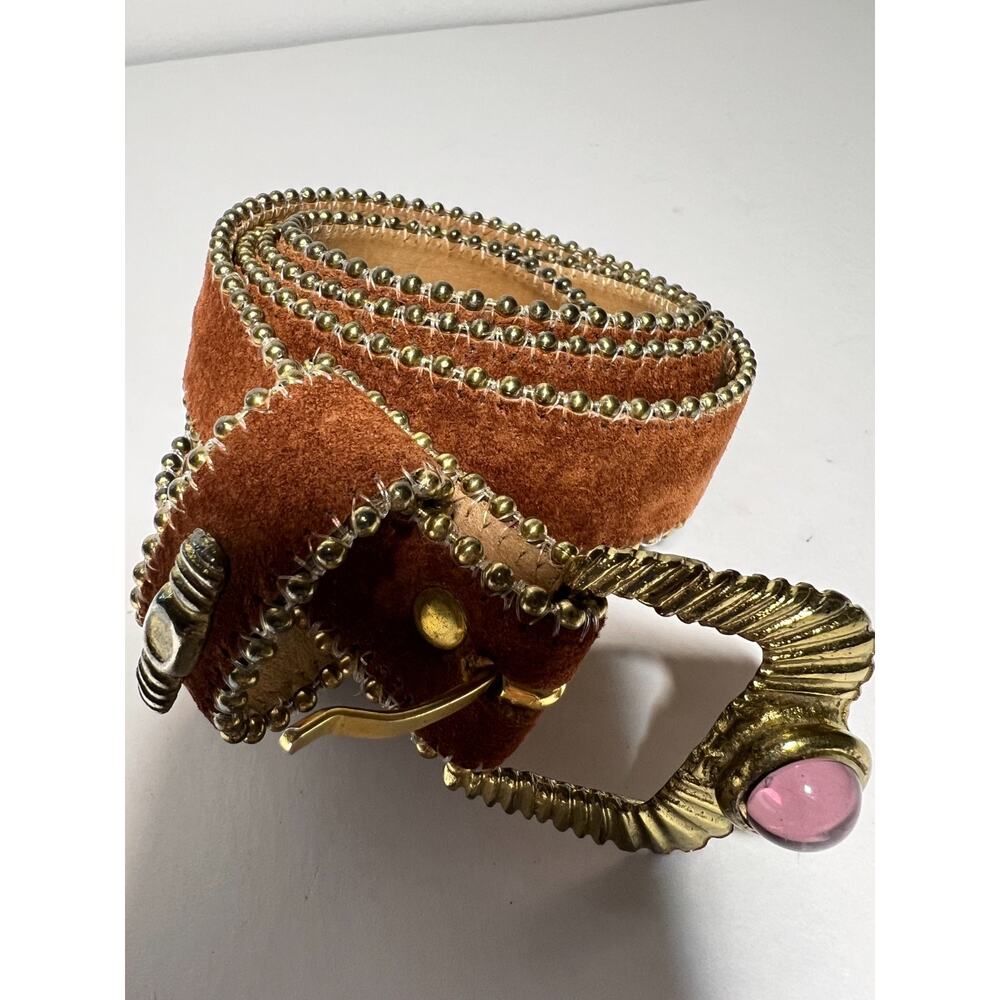 Leatherrock EUC 1" Wide Brown Suede Beaded Gold Buckle Purple Stone Belt XS